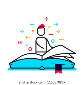 Vector business illustration of man reading large book with bookmark. Education linear concept. Flat line art style design for web, site, banner, poster, presentation