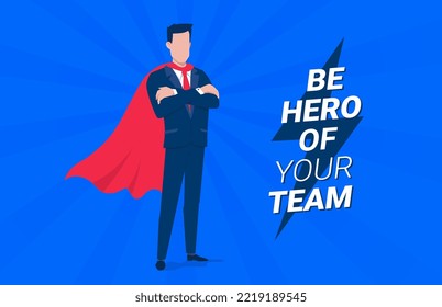 Vector business illustration of business man in red cloak and text on blue color background. Flat style design of man and lightning for banner, marketing poster
