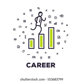 Vector business illustration of a man running up the stairs of graph on white background with icon cloud. Successful career creative linear concept. Flat line art style design for web, site, banner