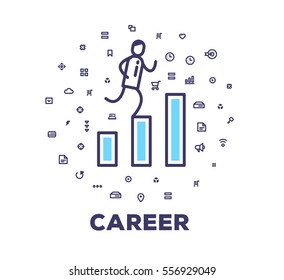 Vector business illustration of a man running up the stairs of graph on white background with icon cloud. Successful career creative linear concept. Flat line art style design for web, site, banner
