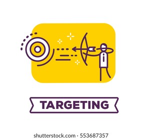 Vector business illustration of a man shoots a bow right on target on white background with title. Successful creative linear concept. Flat line art style design for web, site, banner, poster, board