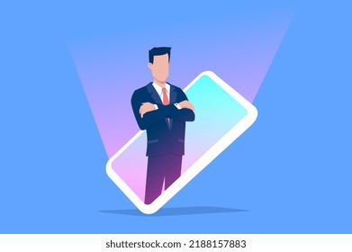 Vector business illustration of business man show out from smart phone screen on color background. Flat style design of man virtual assistant for banner, marketing poster