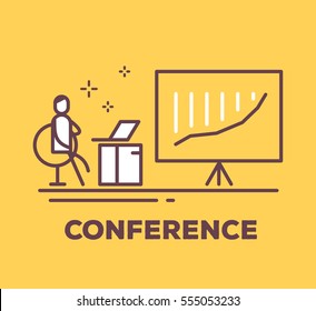 Vector business illustration of a man sitting in a chair next to the large stand on a tripod with a growth graph on yellow background with title. Conference creative linear concept. Flat thin line art