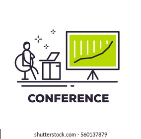 Vector business illustration of a man sitting in a chair next to the large stand on a tripod with a growth graph on white background with title. Conference creative linear concept. Flat thin line art