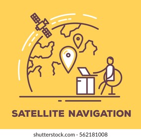 Vector business illustration of a man sitting in a chair next to the large screen with planet on yellow background with title. Satellite navigation creative linear concept. Flat thin line art style