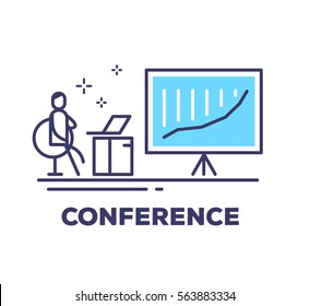 Vector business illustration of a man sitting in a chair next to the large blue stand on a tripod with growth graph on white background with title. Conference creative linear concept. Thin line style