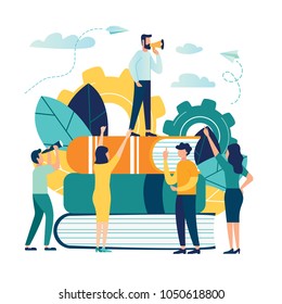 vector business illustration. a man stands on books and advertises talks through megaphone. people follow the leaders vector