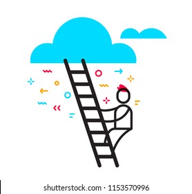 Vector business illustration of man stepping up a ladder to cloud. Success and development of career linear concept. Flat line art style design for web, site, banner, poster, presentation