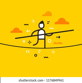 Vector business illustration of man with a stick in his hand walking on a tightrope. Play all in and take risk creative linear concept. Flat line art style design for web, site, banner, presentation