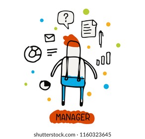 Vector business illustration of a man surrounded by financial icon. Management and solution of problem linear concept. Flat line art doodle style design for web, site, banner, poster, presentation