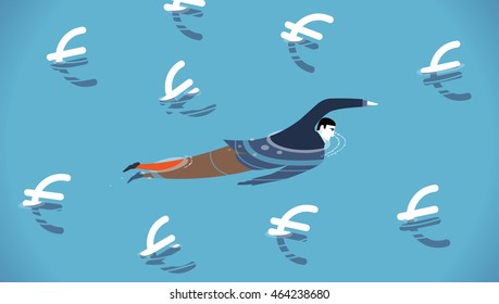 vector business illustration man swimming in a sea of euro