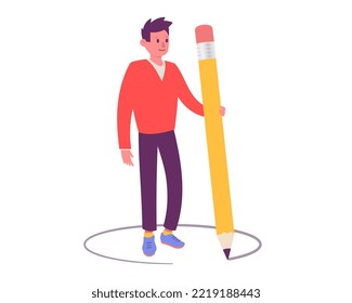 Vector business illustration of man write by pencil on white color background. Flat style design of man holding big pencil for banner, marketing poster