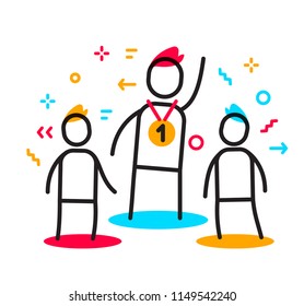 Vector business illustration of a man with a yellow medal and other people. Leadership creative linear concept. Flat line art style design of teamwork for web, site, banner, poster, presentation