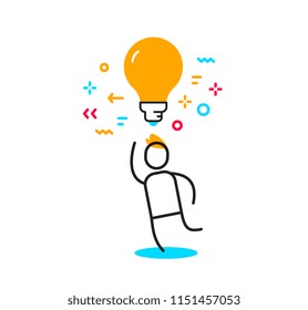 Vector business illustration of a man with yellow light bulb over his head. Creative idea linear concept. Flat line art style design for web, site, banner, poster, presentation