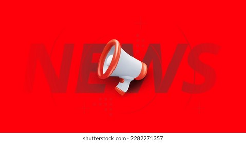 Vector business illustration of megaphone on red color background with shadow and word news. 3d style design of white and red megaphone for web, marketing banner, poster, print