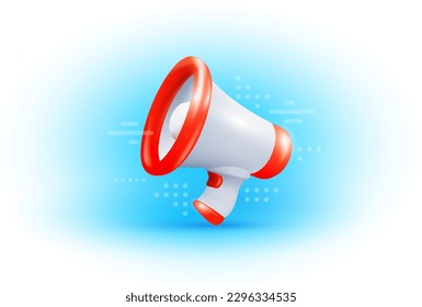Vector business illustration of megaphone on white and blue color background with shadow. 3d style design of white and red megaphone for web, marketing banner, poster, print