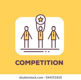 Vector business illustration of men holding a medal with the star sign of winning the competition on yellow background with title. Successful creative linear concept. Flat line art style design