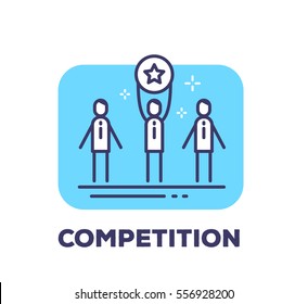 Dibujo empresarial vectorial de los hombres con una medalla con el signo estelar de ganar la competencia sobre fondo azul con título. Exitoso concepto lineal creativo. Diseño de estilo de arte de línea plana para web