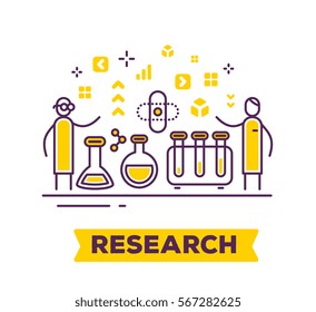 Vector business illustration of men in laboratory with beaker and flasks on white background with title and yellow icons. Research creative linear concept. Flat line art style design for web, site