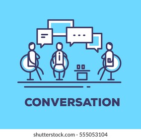 Vector business illustration of men sitting in chairs in the meeting room and talking on blue background with title. Conversation creative linear concept. Flat thin line art style design for web, site