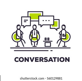 Ilustração de negócios vetorial de homens sentados em cadeiras na sala de reuniões e falando sobre fundo branco com título. Conversação conceito linear criativo. Design de estilo de arte de linha fina plana para web