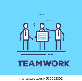 Vector business illustration of men in suits standing together and holding a board on blue background with title. Teamwork creative linear concept. Flat thin line art style design for web, site