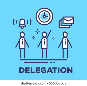 Vector business illustration of men in suits standing together and icons on blue background with title. Delegation creative linear concept. Flat thin line art style design for web, site, banner