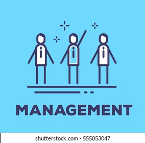 Vector business illustration of men in suits standing together on blue background with title. Management creative linear concept. Flat thin line art style design for web, site, banner, poster, board