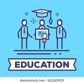 Vector business illustration of men in suits standing together and holding a diploma on blue background with a graduation cap. Education creative linear concept. Flat thin line art style design
