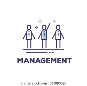 Vector business illustration of men in suits standing together on white background with title. Management creative linear concept. Flat thin line art style design for web, site, banner, poster, board