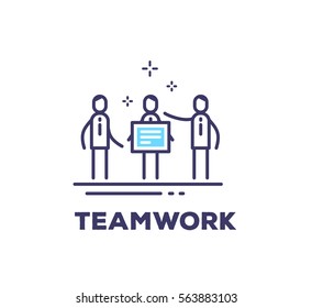 Vector business illustration of men in suits standing together and holding a board on white background with title. Teamwork creative linear concept. Flat thin line art style design for web, site