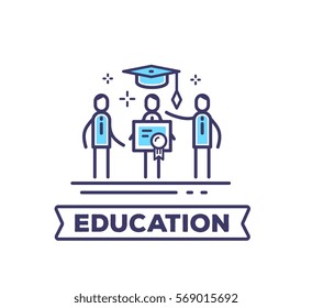 Vector business illustration of men in suits standing together and holding a blue diploma on white background with a graduation cap. Education creative linear concept. Flat thin line art style design