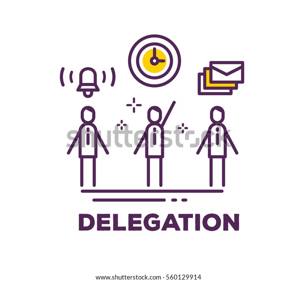 Vector business illustration of men in suits
standing together and icons on white background with title.
Delegation creative linear concept. Flat thin line art style design
for web, banner, poster