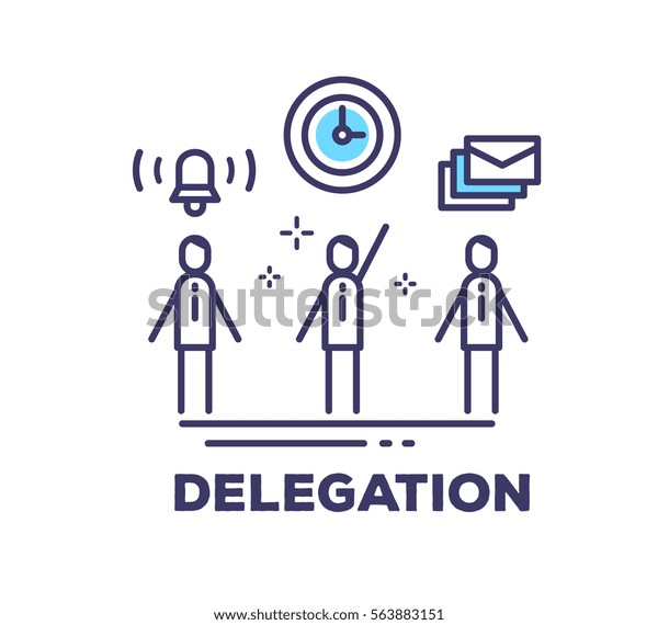 Vector business illustration of men in suits\
standing together and icons on white background with title.\
Delegation creative linear concept. Flat thin line art style design\
for web, site, banner
