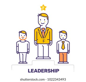 Vector business illustration of men winning the competition standing on sport pedestal on white background with title. Leadership creative concept. Flat line art style design for web, site, banner
