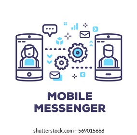 Vector business illustration of mobile phones sending sms, mail, chatting on white background with icons. Mobile messenger creative linear concept. Flat line art style design for web, site, banner