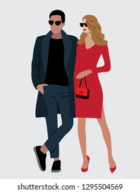 Vector business illustration of modern blond pretty woman and handsome confident man  in black suit.  Romantic couple. Spring summer collection. Flat graphic