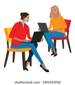 Vector business illustration of modern  pretty women  sitting on the chairs with laptops. Flat graphic