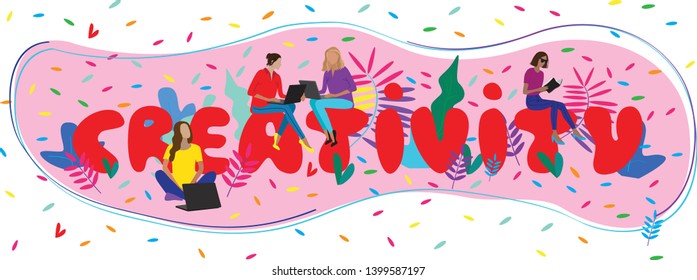 Vector business illustration of modern young pretty women  sitting on the letters with a laptops and books on floral tropical background. Web developers. Creative art designers. Creativity. Team work
