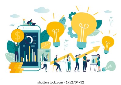 vector business illustration, office workers study infographics, evolution scale analysis, network promotion, search for new solutions ideas, team work in a company, brainstorming