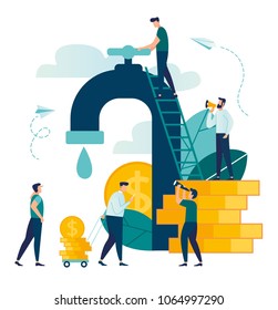 vector business illustration on white background. business porters - a successful team. financing of creative projects. Receipt of money from a crane, water consumption, money for water, saving of wat