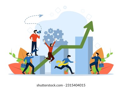 Ilustración empresarial vectorial, superación de obstáculos al éxito, alta tasa de trabajo, cualidades de liderazgo en equipo creativo, dirección a un camino exitoso, vector de alegría de equipo