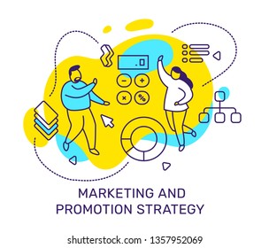 Vector business illustration of people with chart and graph on yellow background. Marketing and promotion strategy concept with man, woman, text. Line art style design for web, site, poster