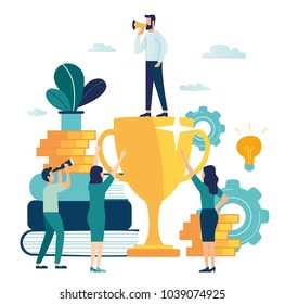 vector business illustration. people are happy with the victory in the team. ways and goals. successful business. first place in business. graphic design man with a rupaar stands on top of a gold cup vector business illustration. people are happy with the victory in the team. ways and goals. successful business. first place in business. graphic design man with a rupaar stands on top of a gold cup