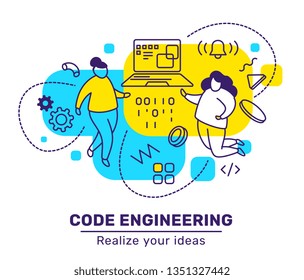 Vector business illustration of people with laptop on blue and yellow color background. Code engineering concept with woman, text. Line art style design for web, site, poster, banner