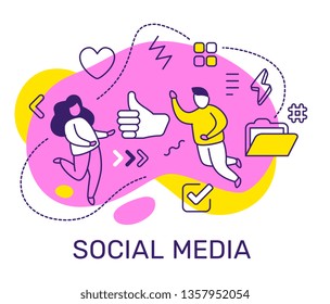 Vector business illustration of people with thumb up, icon, element on color background. Social media concept with man, woman, text. Line art style design for web, site, poster, banner