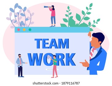 Vector business illustration, business people together building word team work, abstract design graphics, construction business projects.