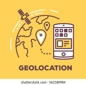 Vector business illustration of phone and planet with geo pin on yellow background. Geo location creative linear concept. Flat line art style design for web, site, banner, poster, board