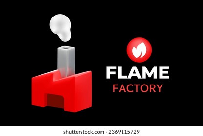 Vector business illustration of red abstract factory with chimney and smoke on black color background. 3d style design of flame factory logotype for web, site, banner, poster
