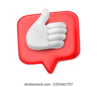 Vector business illustration of red color speech bubble with hand gesture thumb up on white background. 3d style design of speech bubble with hand for web, site, banner, poster